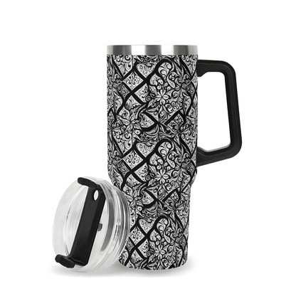 Crosshatch Black Floral 40oz Stainless Steel Tumbler Gift With Black Handle and Straw - DeRose Seasonal