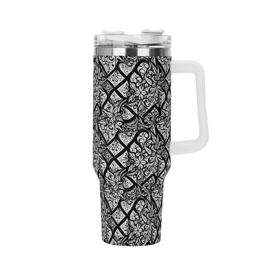 Crosshatch Black Floral 40oz Stainless Steel Tumbler Gift With White Handle and Straw - DeRose Seasonal