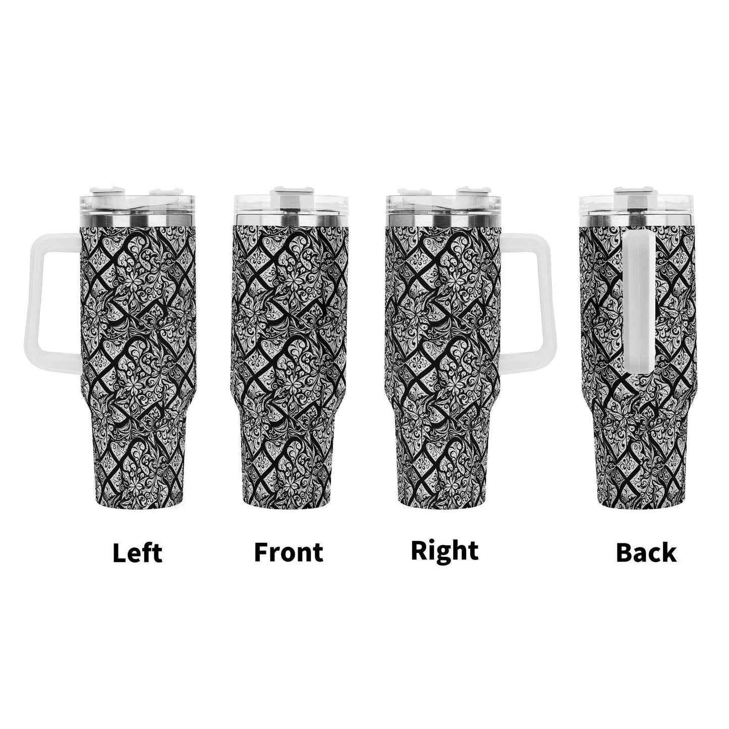 Crosshatch Black Floral 40oz Stainless Steel Tumbler Gift With White Handle and Straw - DeRose Seasonal