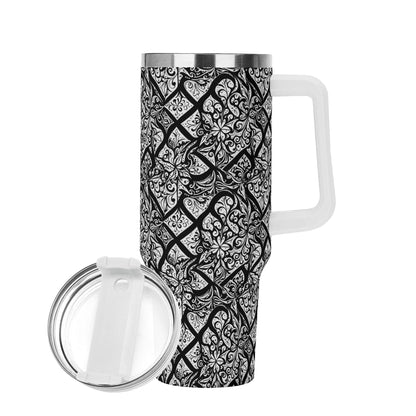 Crosshatch Black Floral 40oz Stainless Steel Tumbler Gift With White Handle and Straw - DeRose Seasonal