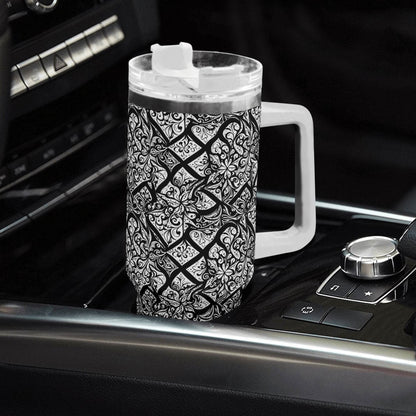 Crosshatch Black Floral 40oz Stainless Steel Tumbler Gift With White Handle and Straw - DeRose Seasonal