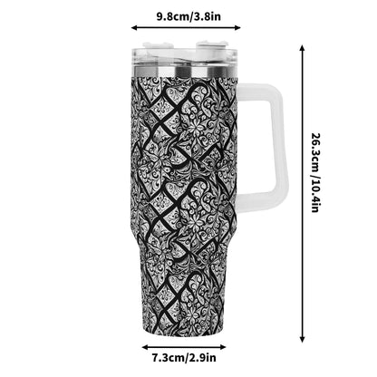 Crosshatch Black Floral 40oz Stainless Steel Tumbler Gift With White Handle and Straw - DeRose Seasonal