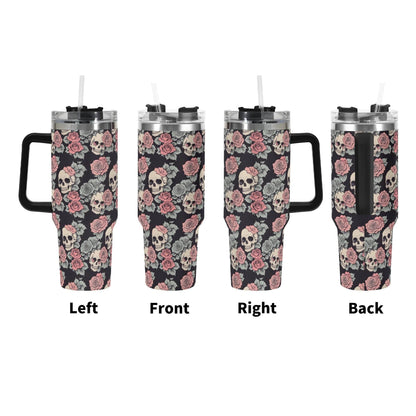 Skull and Pink Rose 40oz Stainless Steel Tumbler Gift With Black Handle and Straw - DeRose Seasonal