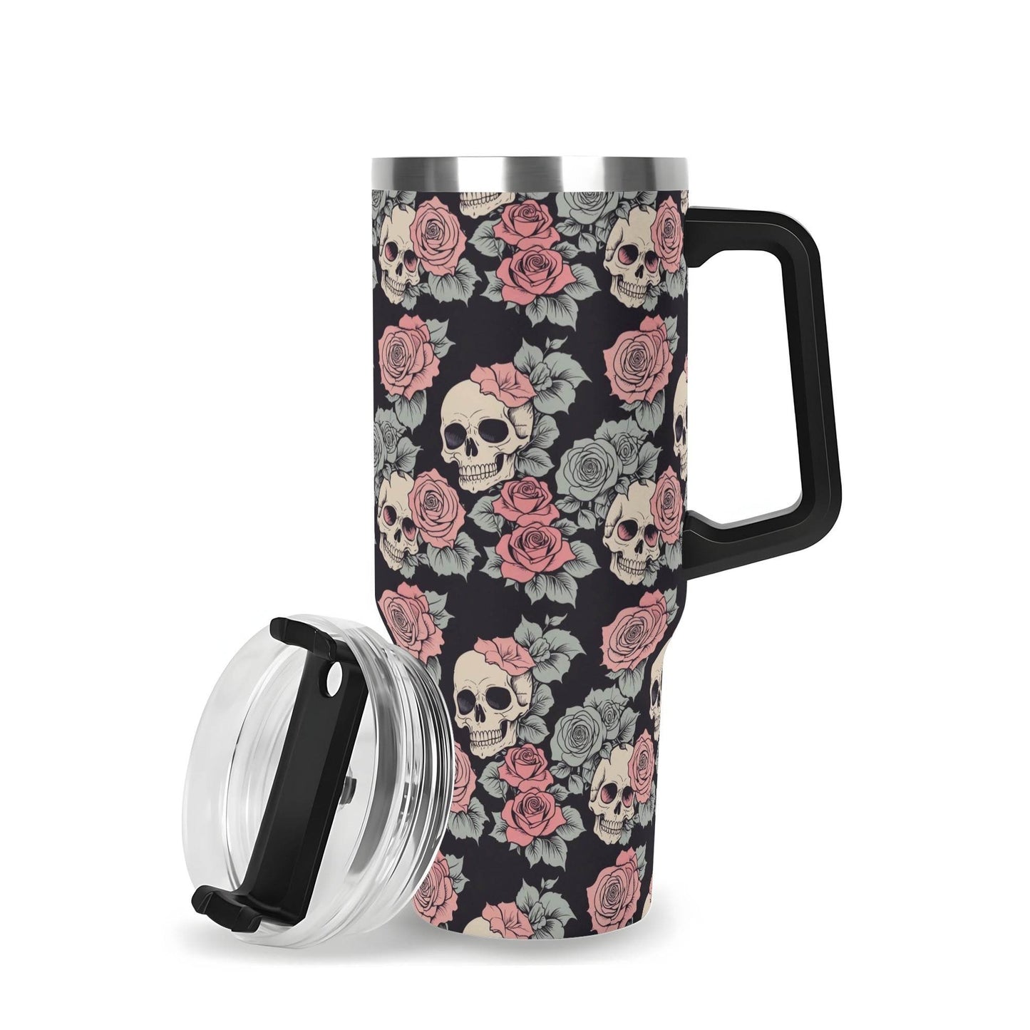 Skull and Pink Rose 40oz Stainless Steel Tumbler Gift With Black Handle and Straw - DeRose Seasonal