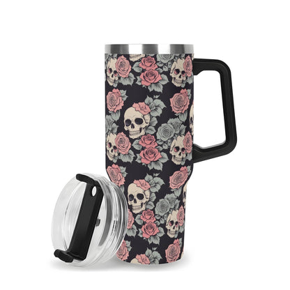 Skull and Pink Rose 40oz Stainless Steel Tumbler Gift With Black Handle and Straw - DeRose Seasonal