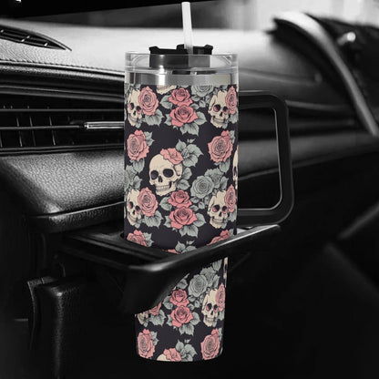 Skull and Pink Rose 40oz Stainless Steel Tumbler Gift With Black Handle and Straw - DeRose Seasonal