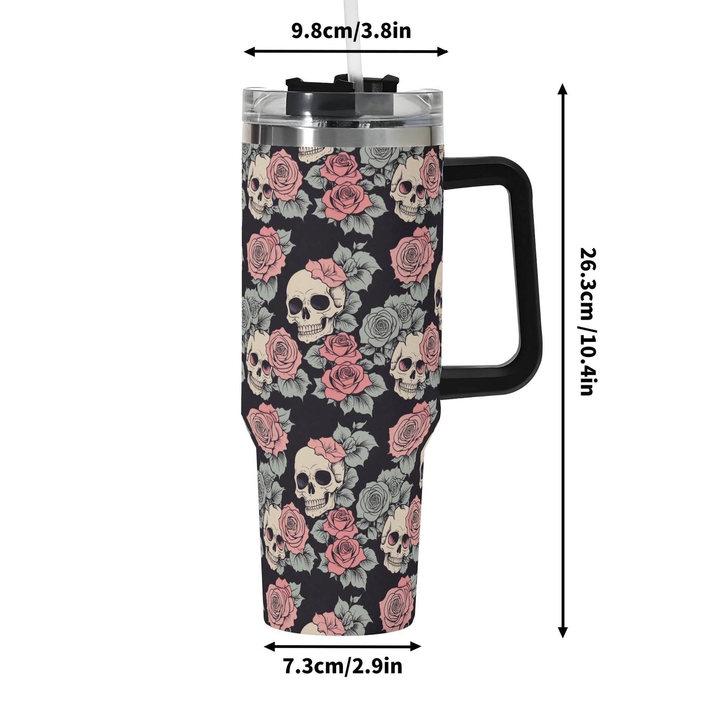 Skull and Pink Rose 40oz Stainless Steel Tumbler Gift With Black Handle and Straw - DeRose Seasonal