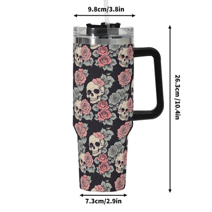 Skull and Pink Rose 40oz Stainless Steel Tumbler Gift With Black Handle and Straw - DeRose Seasonal