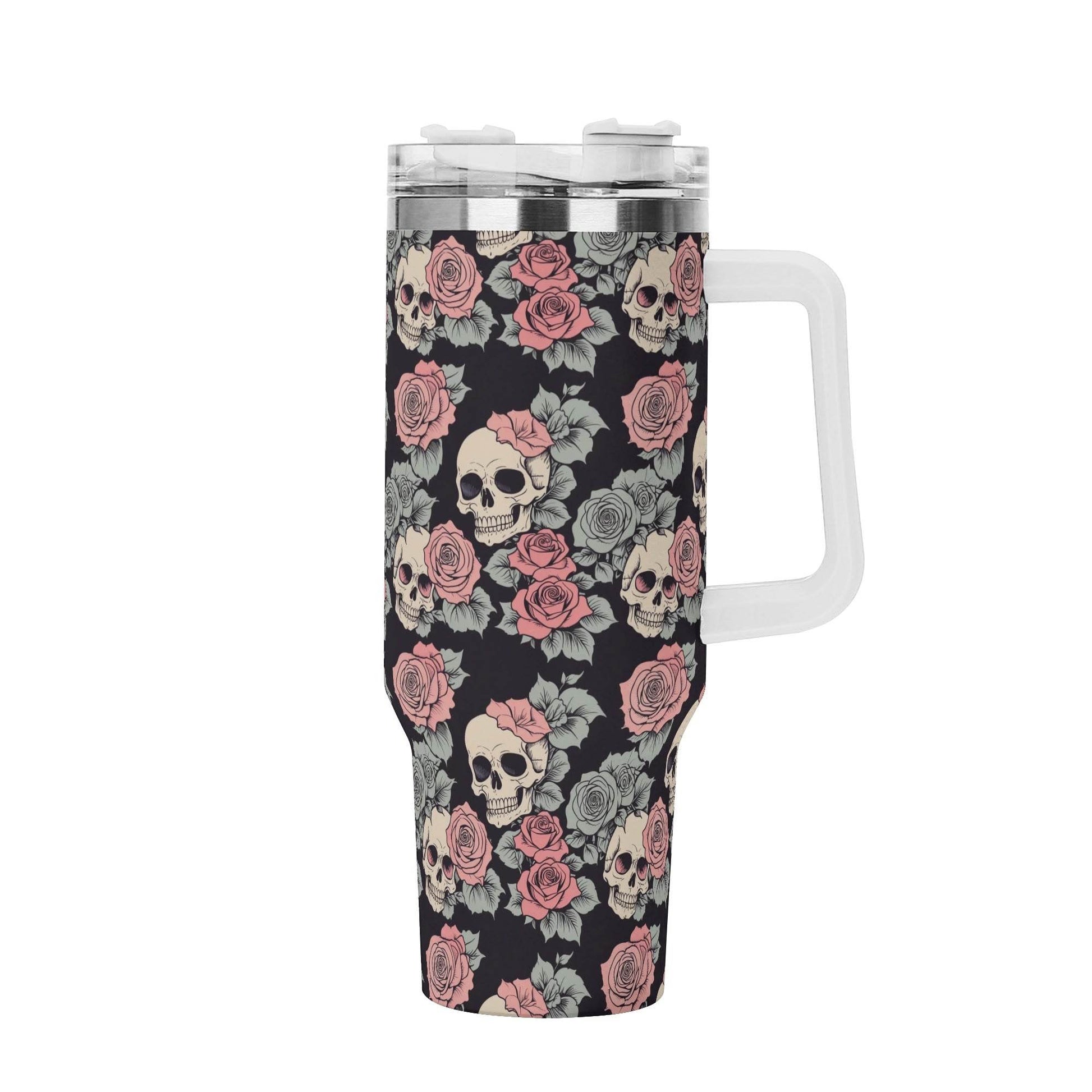 Skull and Pink Rose 40oz Stainless Steel Tumbler Gift With White Handle and Straw - DeRose Seasonal