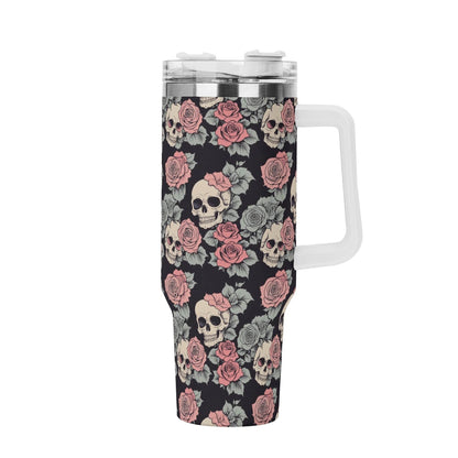 Skull and Pink Rose 40oz Stainless Steel Tumbler Gift With White Handle and Straw - DeRose Seasonal