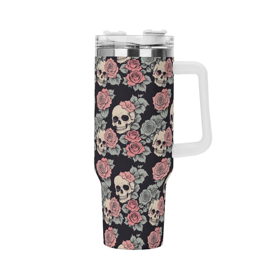 Skull and Pink Rose 40oz Stainless Steel Tumbler Gift With White Handle and Straw - DeRose Seasonal