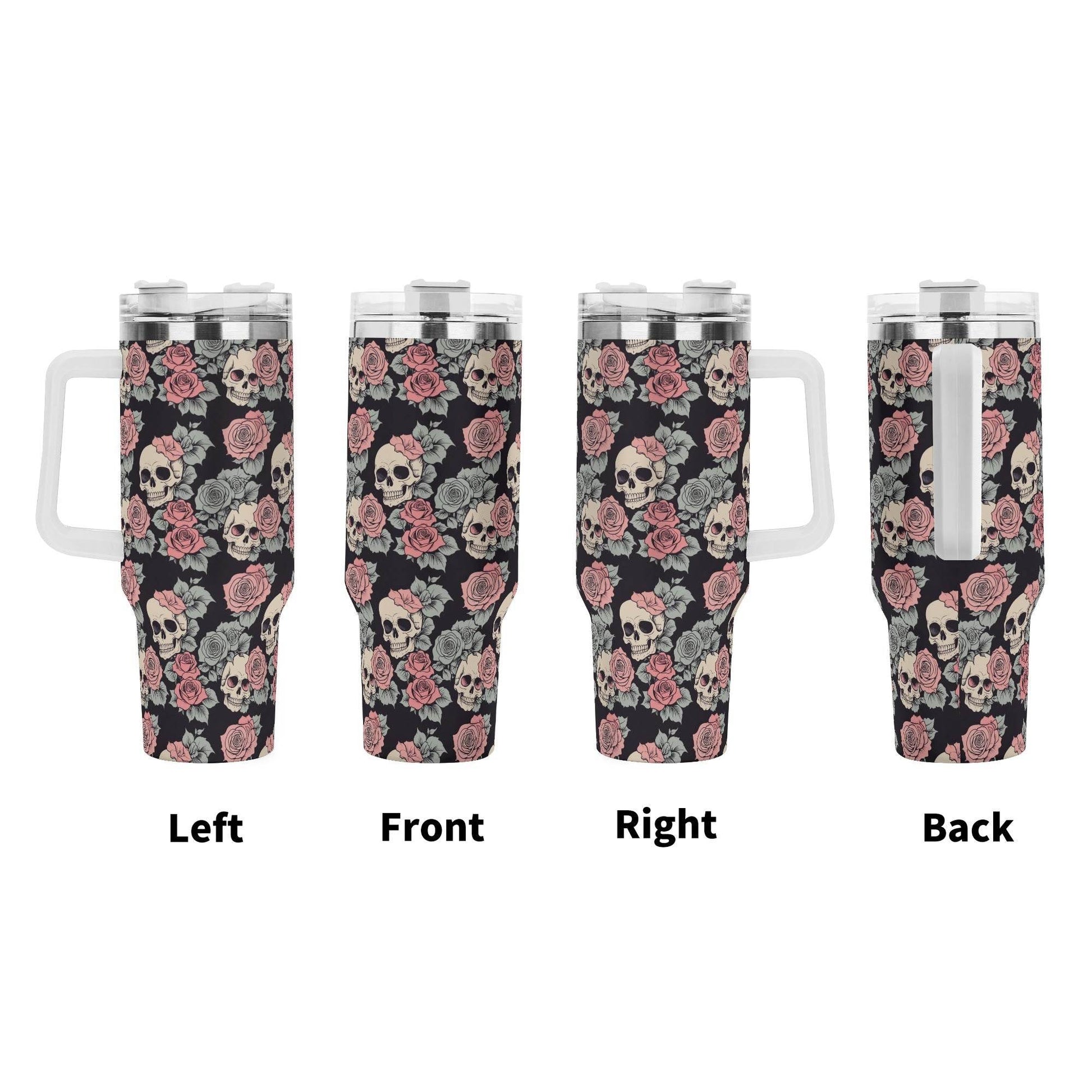 Skull and Pink Rose 40oz Stainless Steel Tumbler Gift With White Handle and Straw - DeRose Seasonal