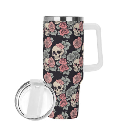 Skull and Pink Rose 40oz Stainless Steel Tumbler Gift With White Handle and Straw - DeRose Seasonal