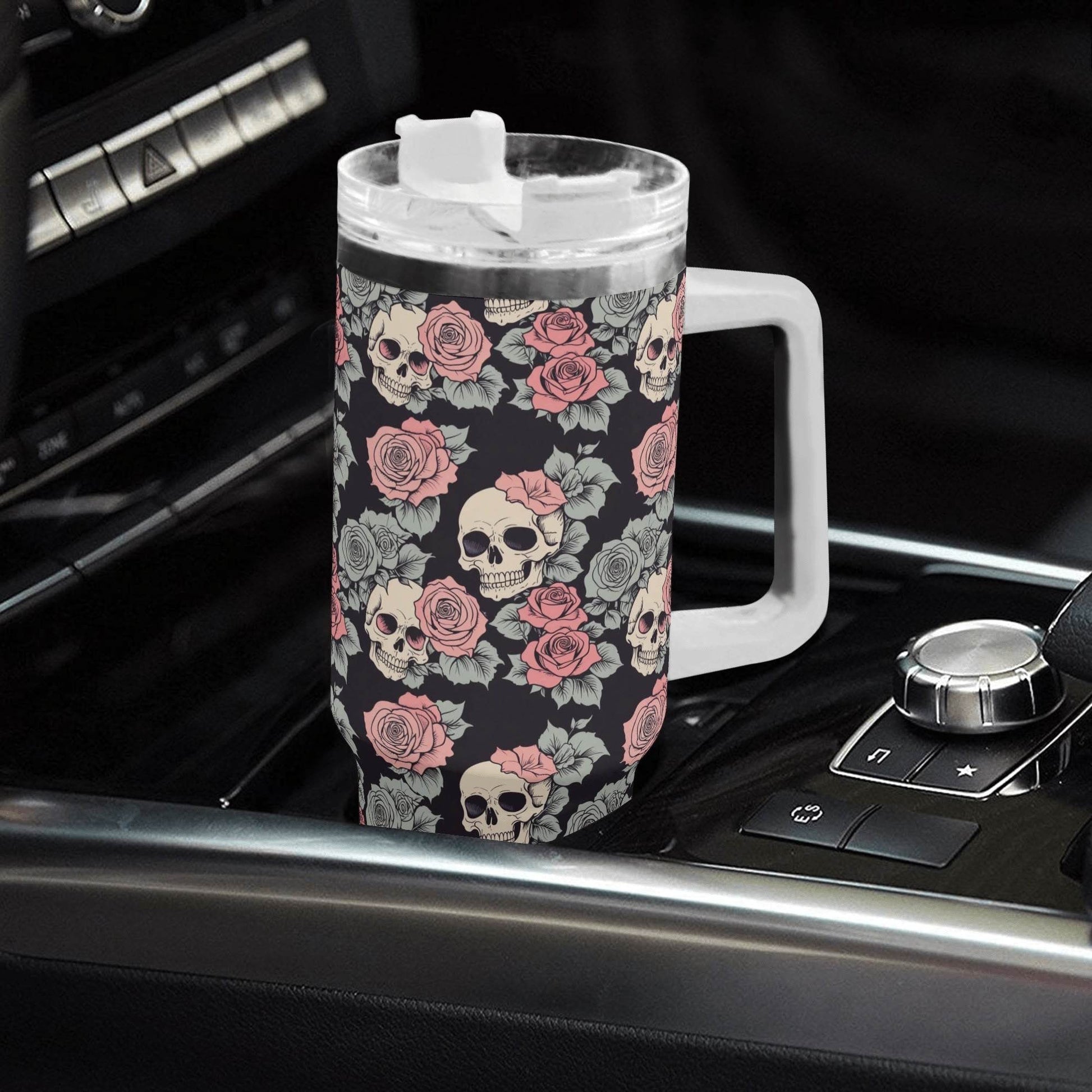 Skull and Pink Rose 40oz Stainless Steel Tumbler Gift With White Handle and Straw - DeRose Seasonal