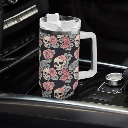Skull and Pink Rose 40oz Stainless Steel Tumbler Gift With White Handle and Straw - DeRose Seasonal