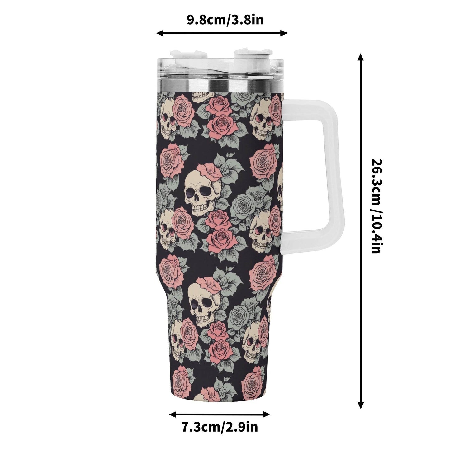 Skull and Pink Rose 40oz Stainless Steel Tumbler Gift With White Handle and Straw - DeRose Seasonal