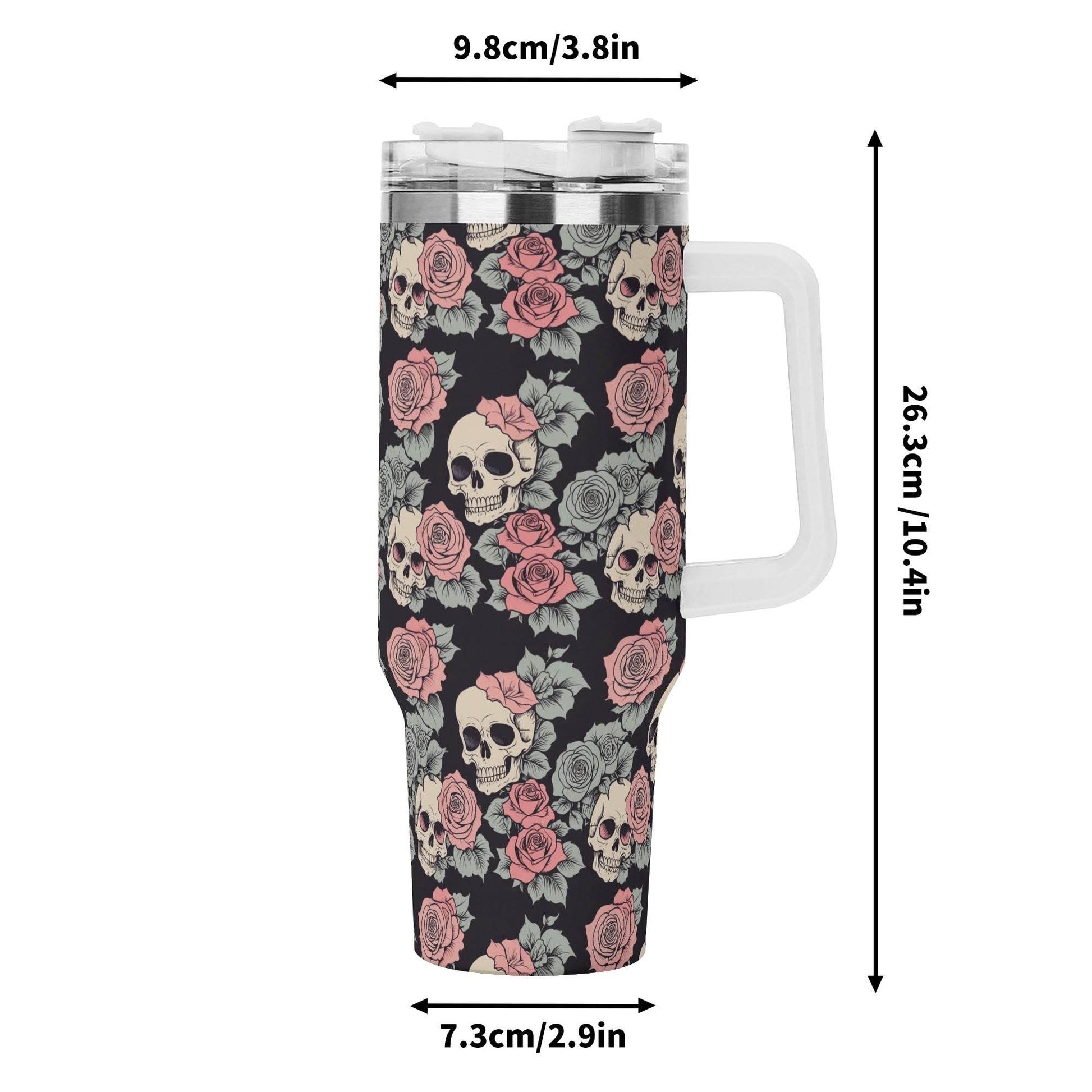 Skull and Pink Rose 40oz Stainless Steel Tumbler Gift With White Handle and Straw - DeRose Seasonal