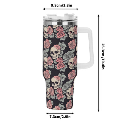 Skull and Pink Rose 40oz Stainless Steel Tumbler Gift With White Handle and Straw - DeRose Seasonal