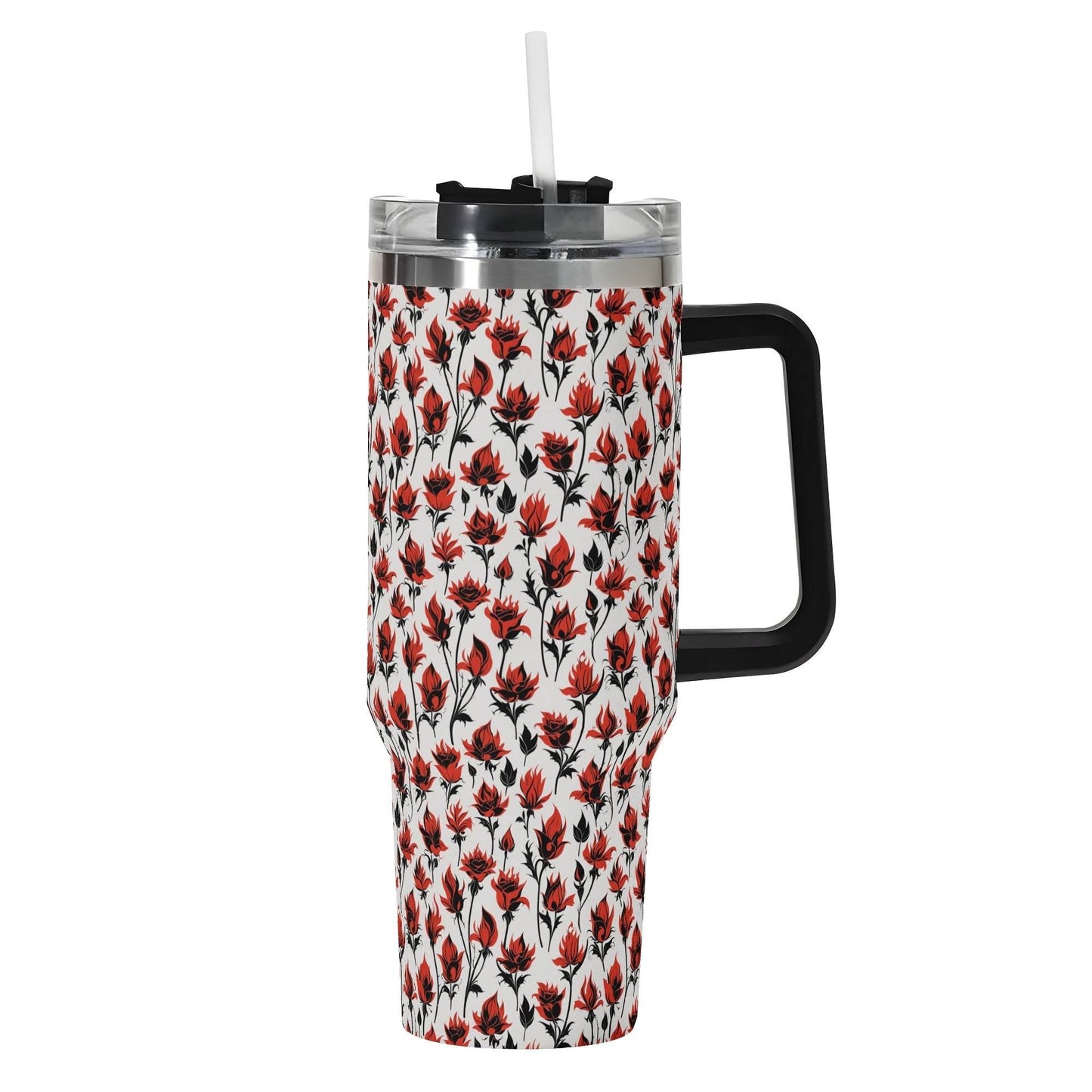 Floral Fire 40oz Stainless Steel Tumbler Gift With Black Handle and Straw - DeRose Seasonal