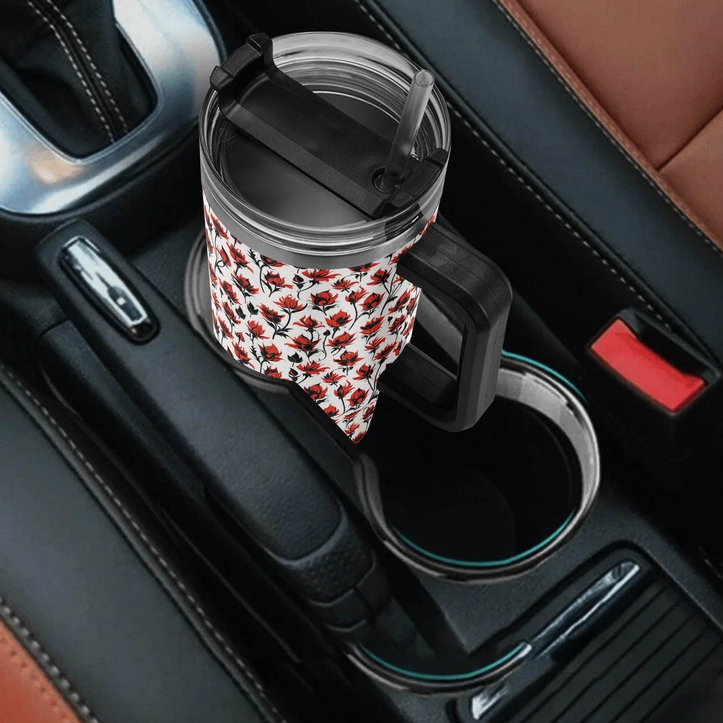 Floral Fire 40oz Stainless Steel Tumbler Gift With Black Handle and Straw - DeRose Seasonal