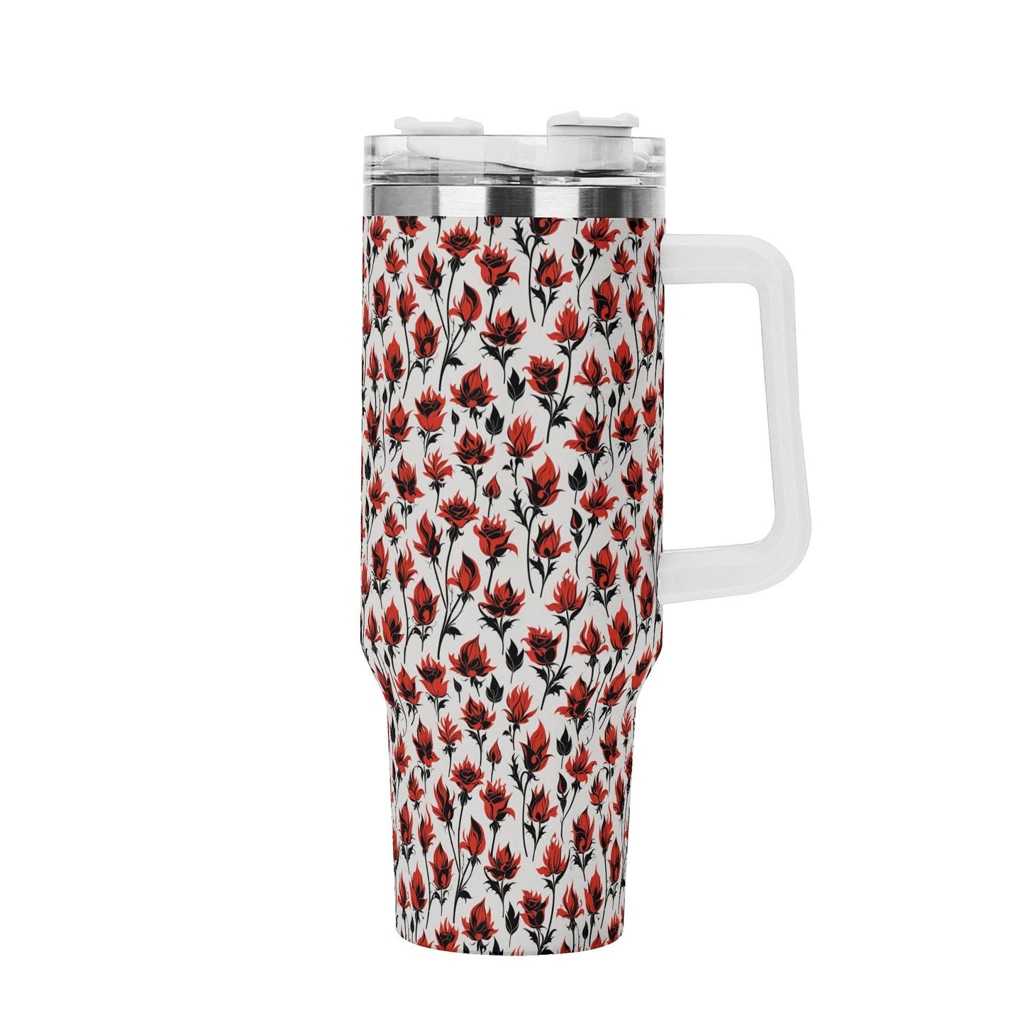 Floral Fire 40oz Stainless Steel Tumbler Gift With White Handle and Straw - DeRose Seasonal