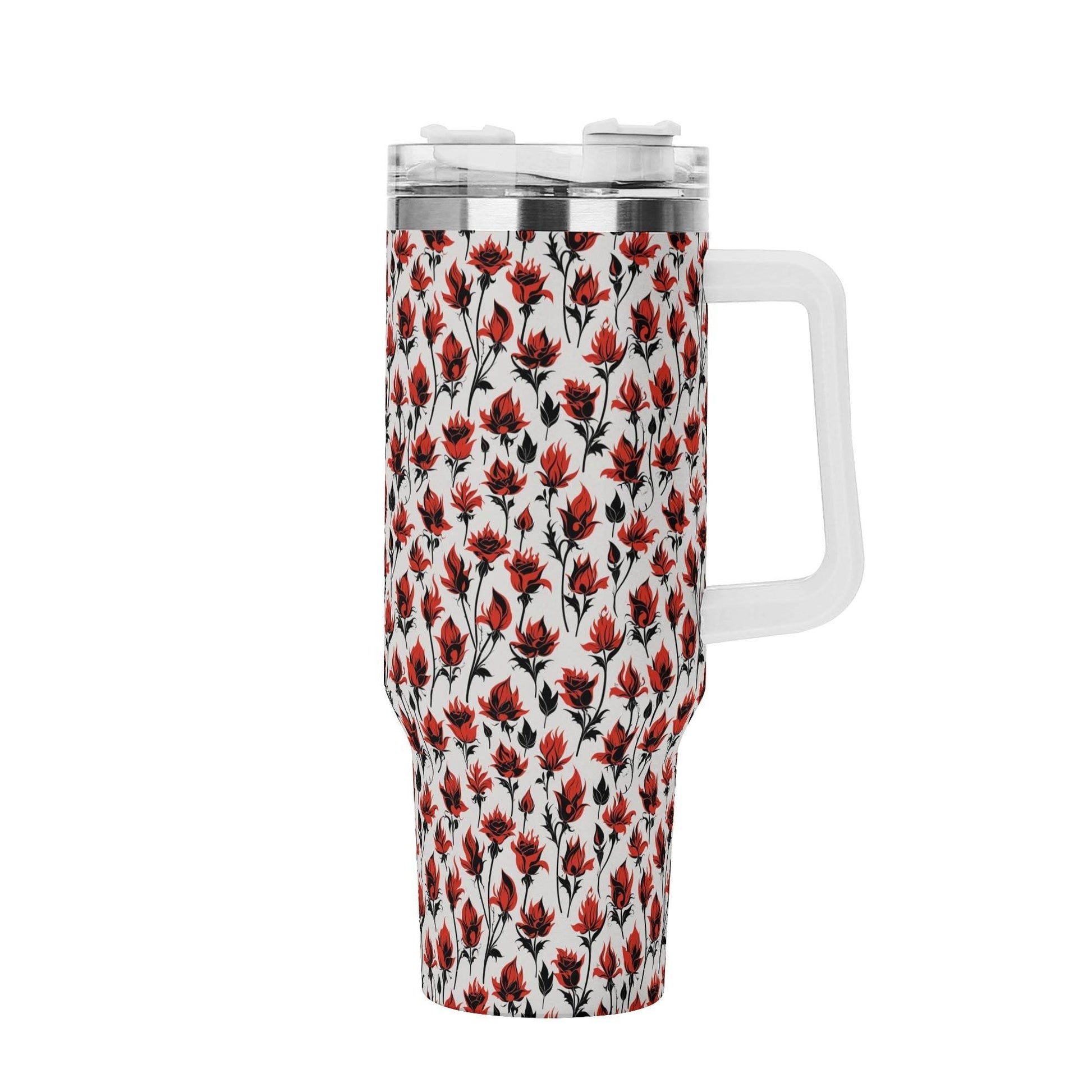 Floral Fire 40oz Stainless Steel Tumbler Gift With White Handle and Straw - DeRose Seasonal