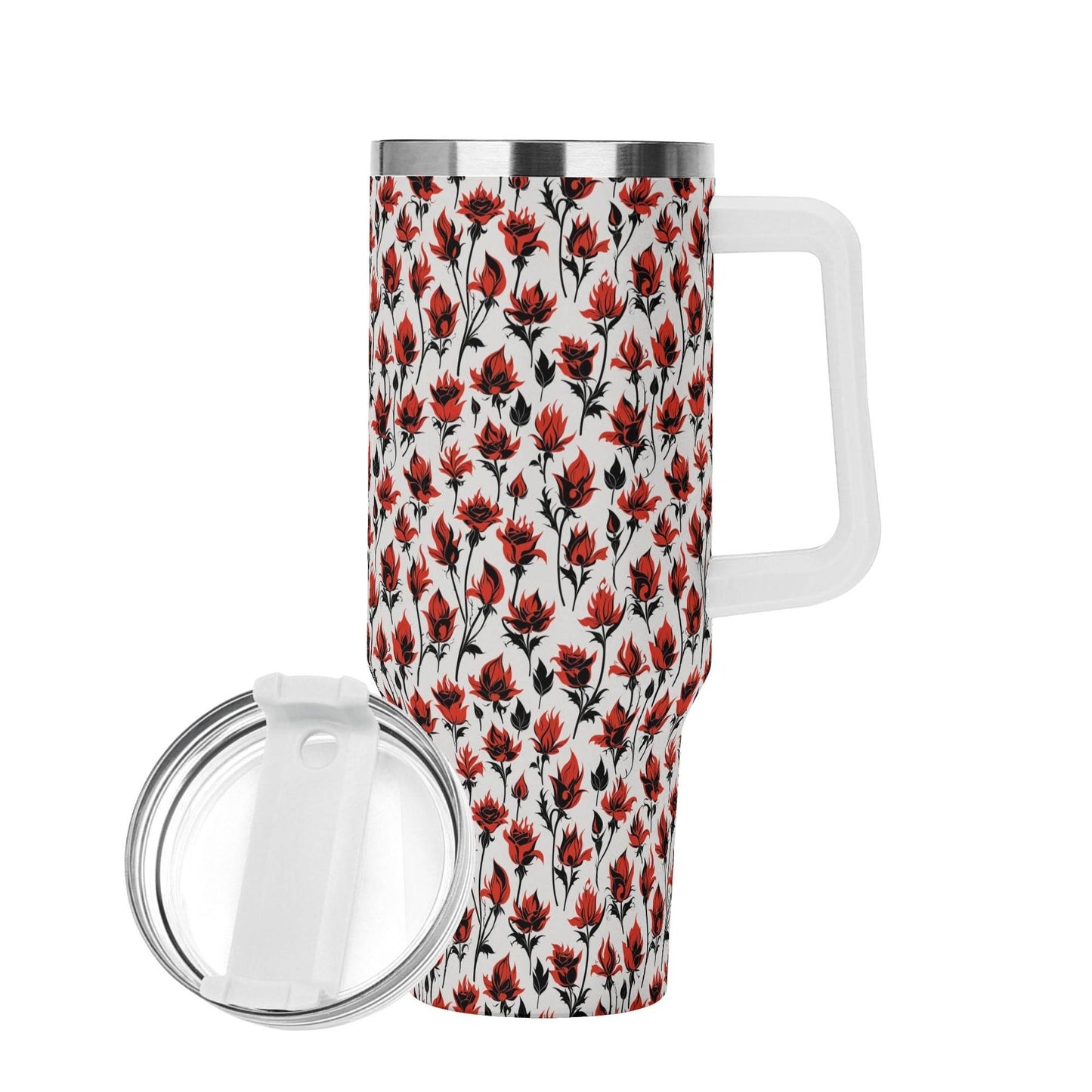 Floral Fire 40oz Stainless Steel Tumbler Gift With White Handle and Straw - DeRose Seasonal