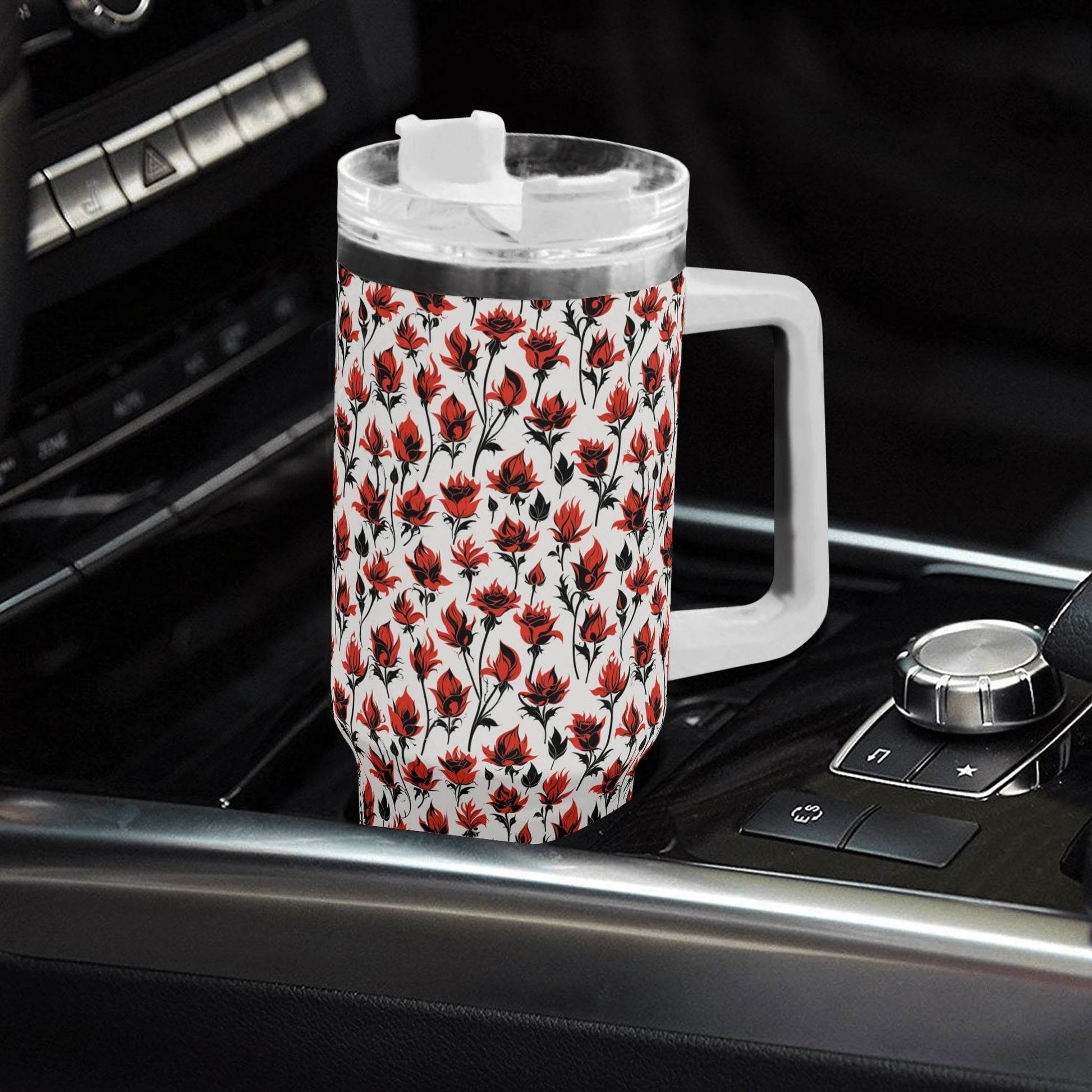 Floral Fire 40oz Stainless Steel Tumbler Gift With White Handle and Straw - DeRose Seasonal
