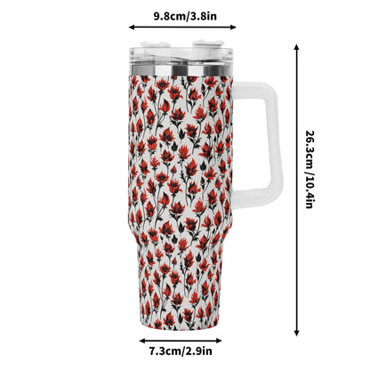 Floral Fire 40oz Stainless Steel Tumbler Gift With White Handle and Straw - DeRose Seasonal