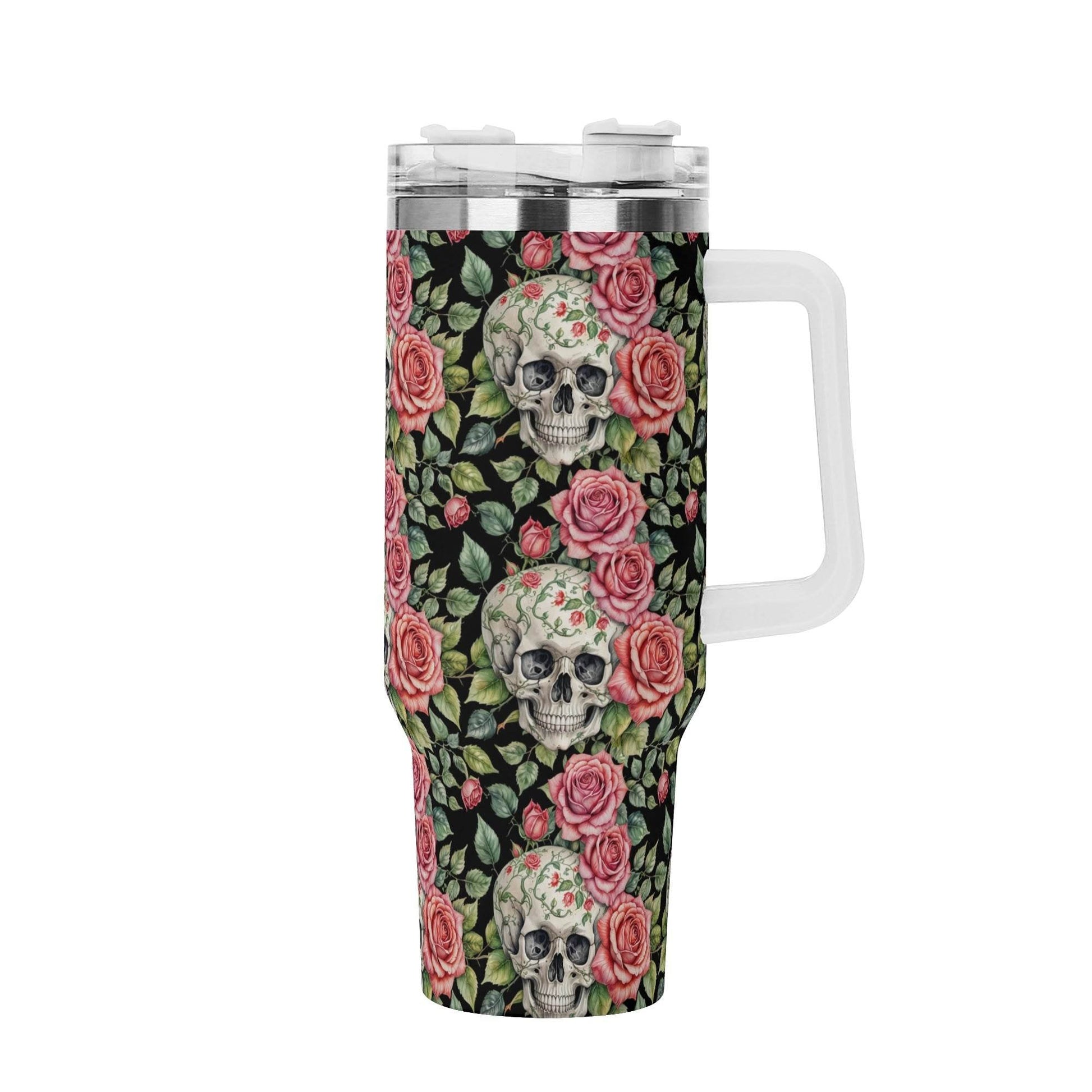 Pink Skulls 40oz Stainless Steel Tumbler Gift With White Handle and Straw - DeRose Seasonal