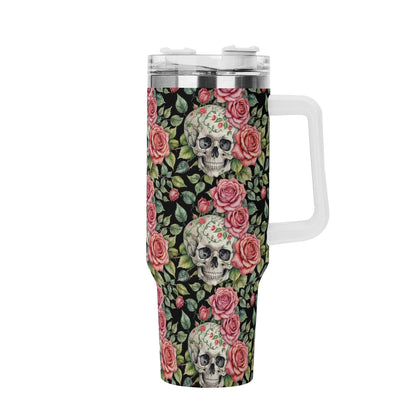 Pink Skulls 40oz Stainless Steel Tumbler Gift With White Handle and Straw - DeRose Seasonal