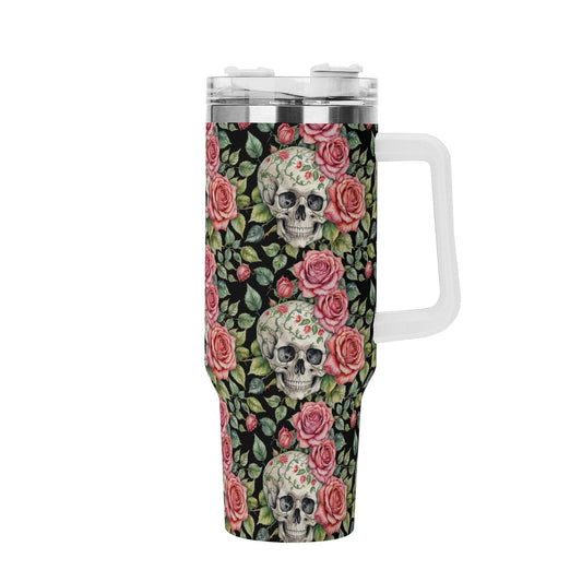 Pink Skulls 40oz Stainless Steel Tumbler Gift With White Handle and Straw - DeRose Seasonal