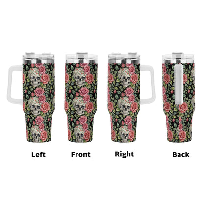 Pink Skulls 40oz Stainless Steel Tumbler Gift With White Handle and Straw - DeRose Seasonal