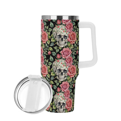 Pink Skulls 40oz Stainless Steel Tumbler Gift With White Handle and Straw - DeRose Seasonal