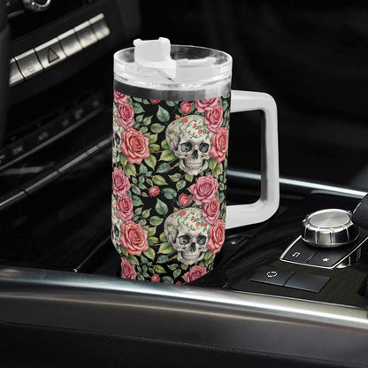 Pink Skulls 40oz Stainless Steel Tumbler Gift With White Handle and Straw - DeRose Seasonal