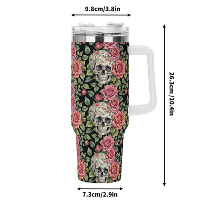 Pink Skulls 40oz Stainless Steel Tumbler Gift With White Handle and Straw - DeRose Seasonal
