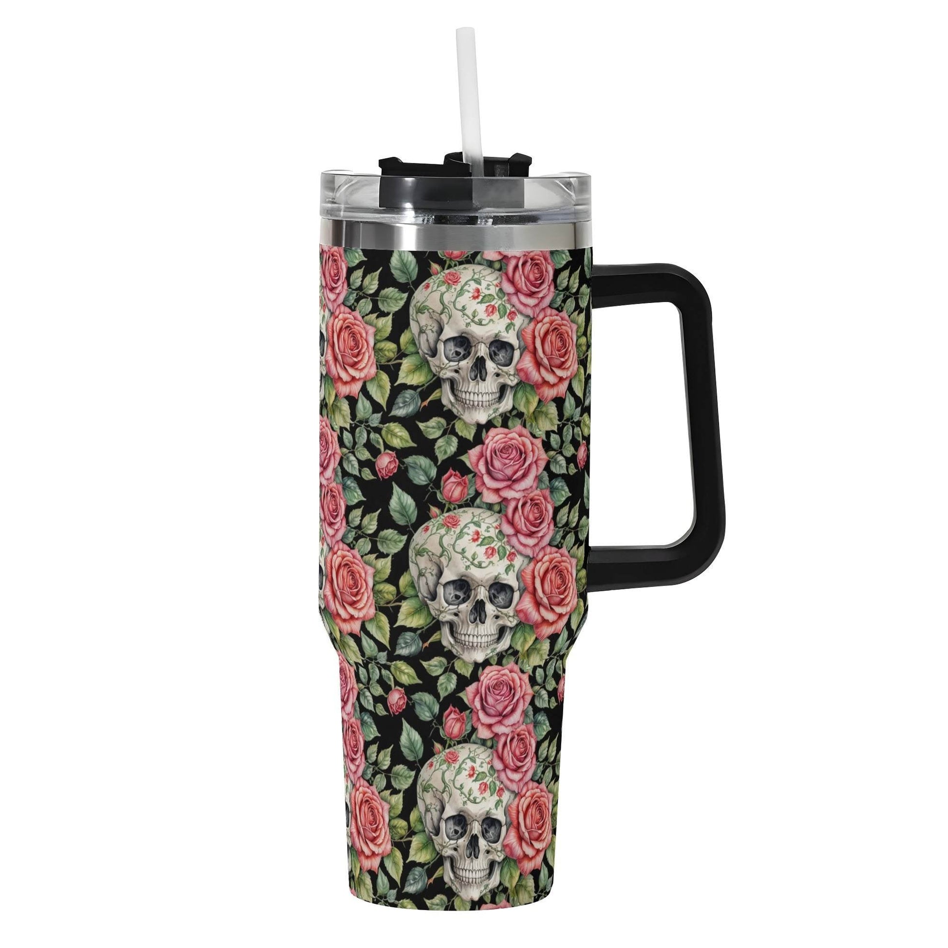 Pink Skulls 40oz Stainless Steel Tumbler Gift With Black Handle and Straw - DeRose Seasonal
