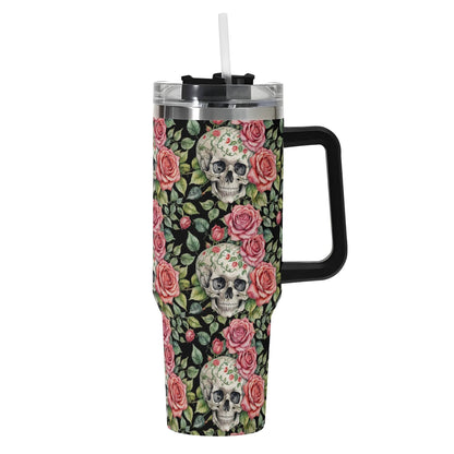 Pink Skulls 40oz Stainless Steel Tumbler Gift With Black Handle and Straw - DeRose Seasonal