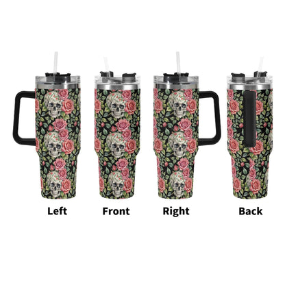 Pink Skulls 40oz Stainless Steel Tumbler Gift With Black Handle and Straw - DeRose Seasonal