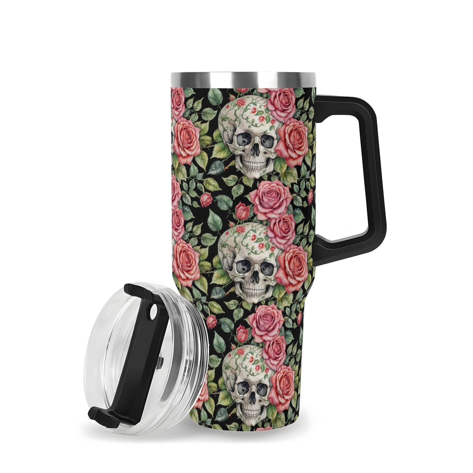 Pink Skulls 40oz Stainless Steel Tumbler Gift With Black Handle and Straw - DeRose Seasonal