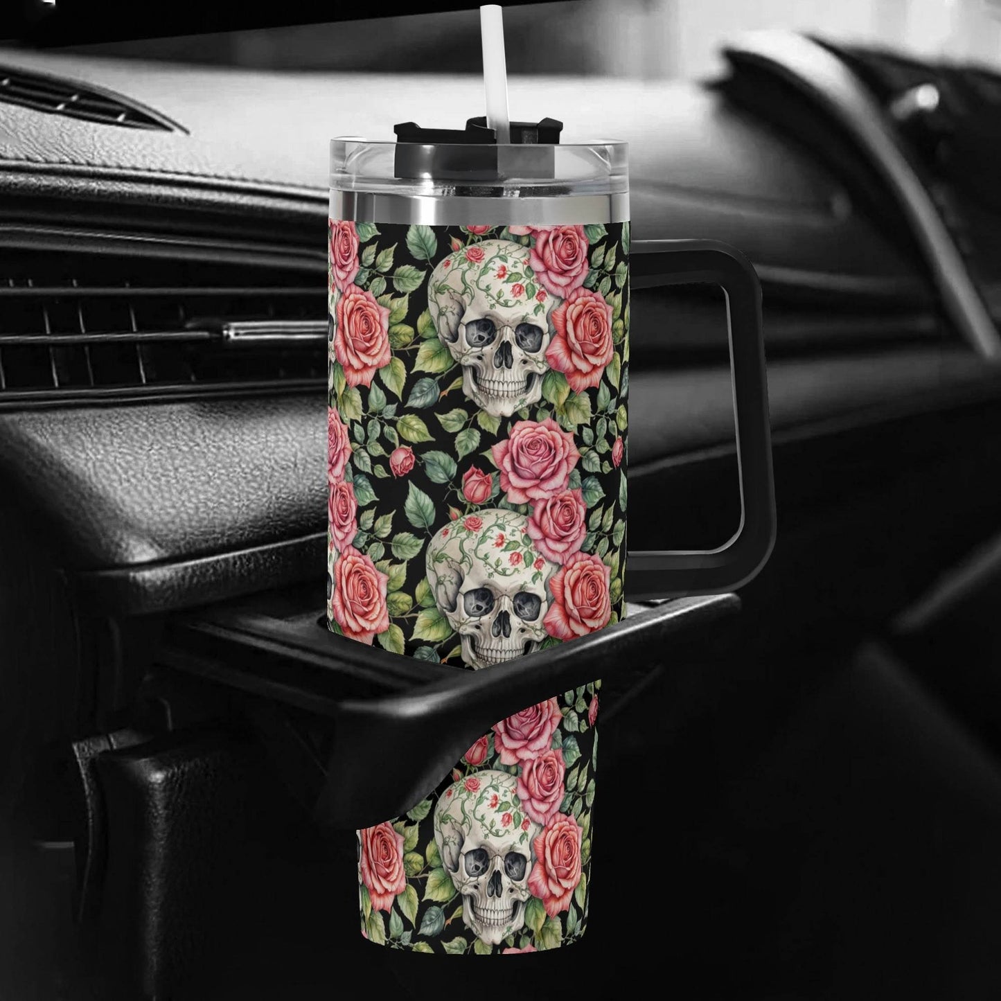 Pink Skulls 40oz Stainless Steel Tumbler Gift With Black Handle and Straw - DeRose Seasonal