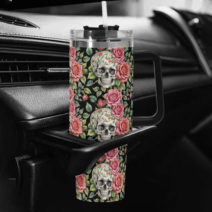 Pink Skulls 40oz Stainless Steel Tumbler Gift With Black Handle and Straw - DeRose Seasonal