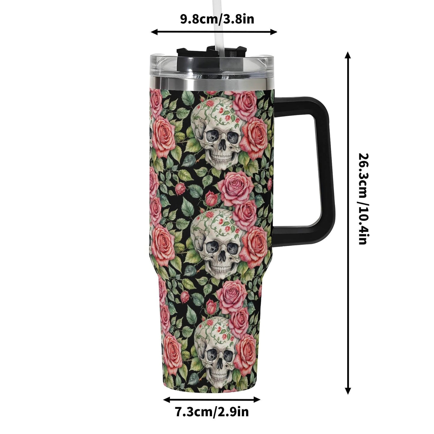 Pink Skulls 40oz Stainless Steel Tumbler Gift With Black Handle and Straw - DeRose Seasonal