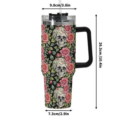Pink Skulls 40oz Stainless Steel Tumbler Gift With Black Handle and Straw - DeRose Seasonal