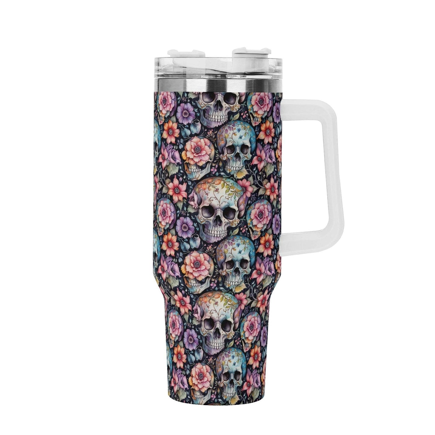 Pastel Floral and Skulls 40oz Stainless Steel Tumbler Gift With White Handle and Straw - DeRose Seasonal