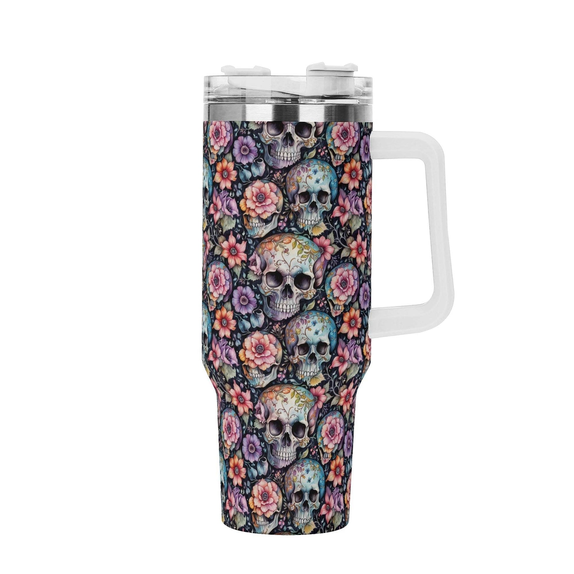 Pastel Floral and Skulls 40oz Stainless Steel Tumbler Gift With White Handle and Straw - DeRose Seasonal