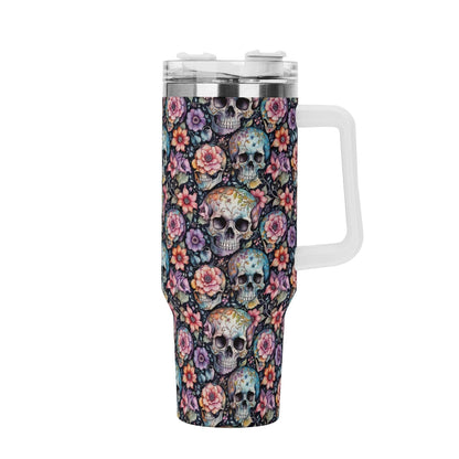 Pastel Floral and Skulls 40oz Stainless Steel Tumbler Gift With White Handle and Straw - DeRose Seasonal