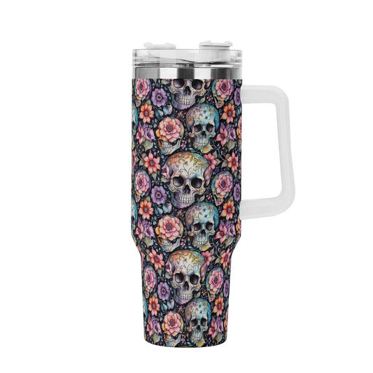 Pastel Floral and Skulls 40oz Stainless Steel Tumbler Gift With White Handle and Straw - DeRose Seasonal