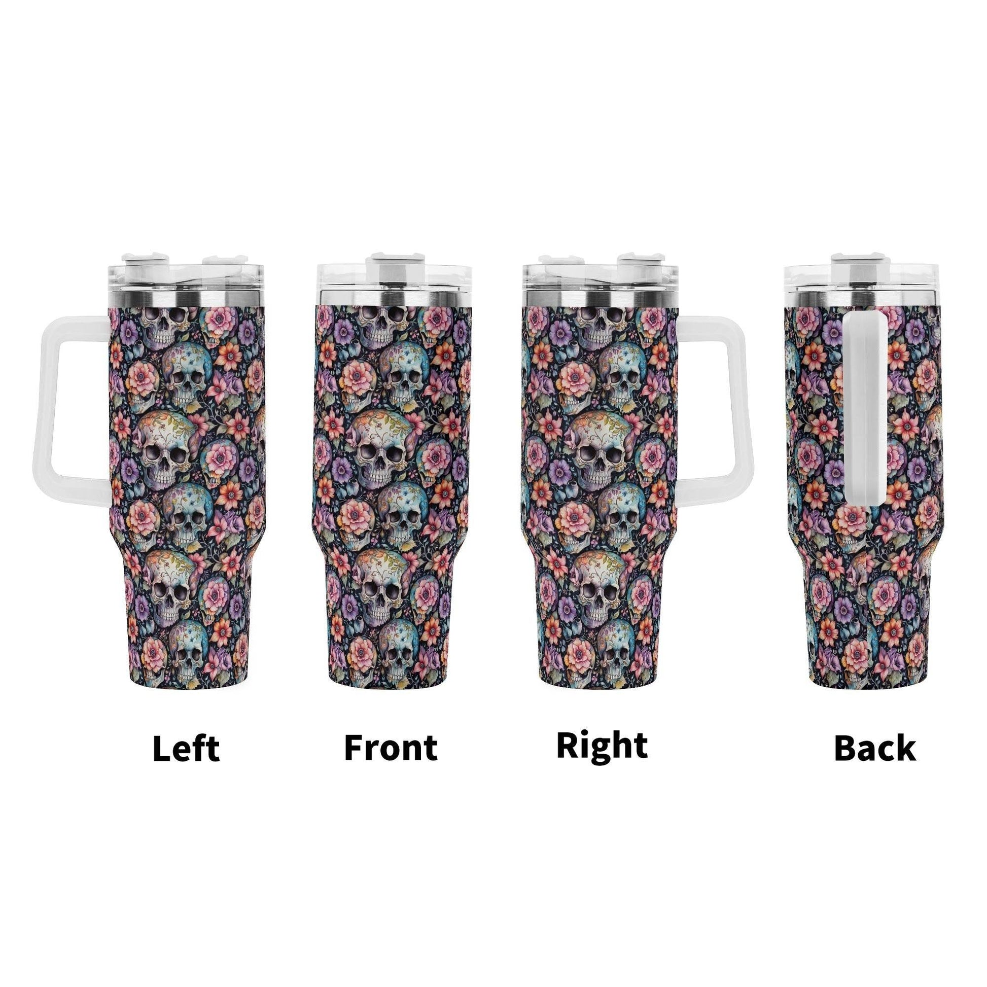 Pastel Floral and Skulls 40oz Stainless Steel Tumbler Gift With White Handle and Straw - DeRose Seasonal