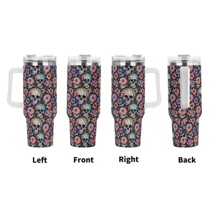 Pastel Floral and Skulls 40oz Stainless Steel Tumbler Gift With White Handle and Straw - DeRose Seasonal